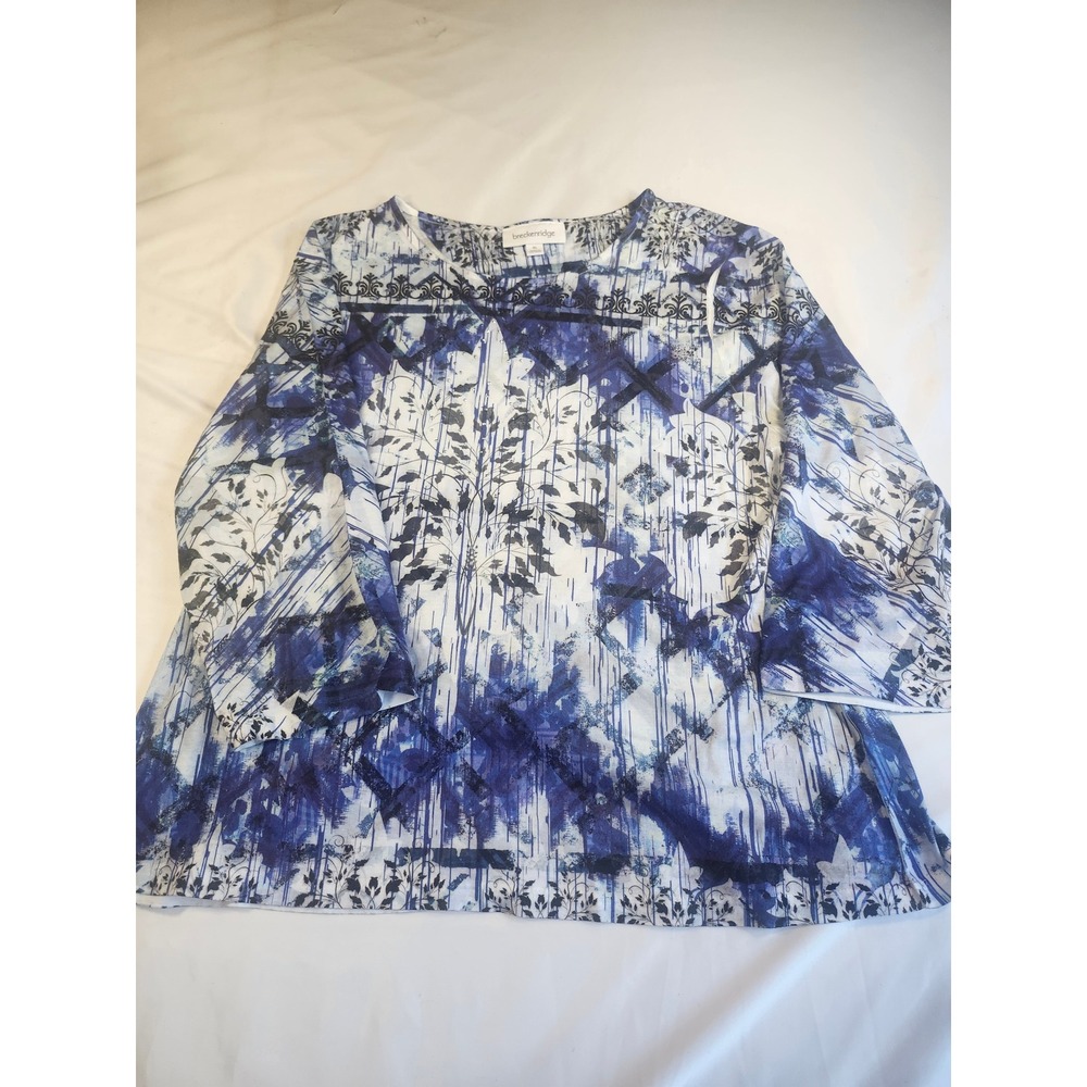 Breckenridge Womens XL Blue‎ White Abstract Floral Rhinestone 3/4 Sleeve Top
